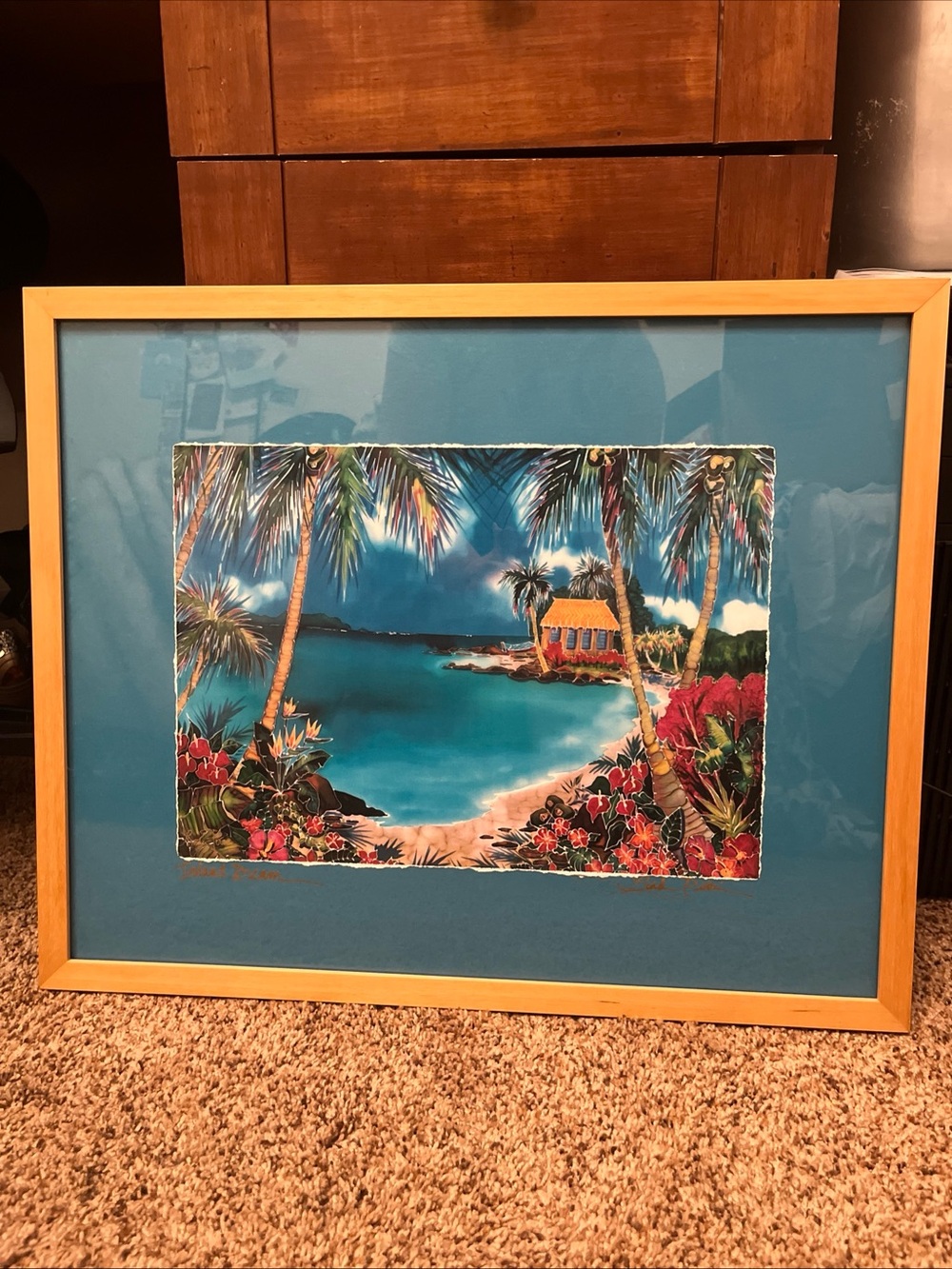 Tropical Coastal Art Silk Print with Teal Mat Signed Linda Pirri